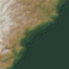 Shaded-relief view of the land around Cóbano, Puntarenas, Puntarenas Province, the parcel boundary drawn in gold