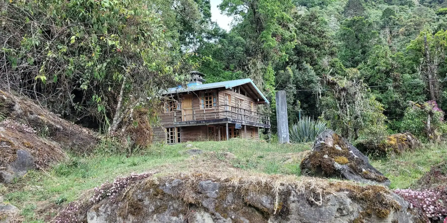 Una cabaña sencilla de madera en un claro de bosque nuboso en Costa Rica.