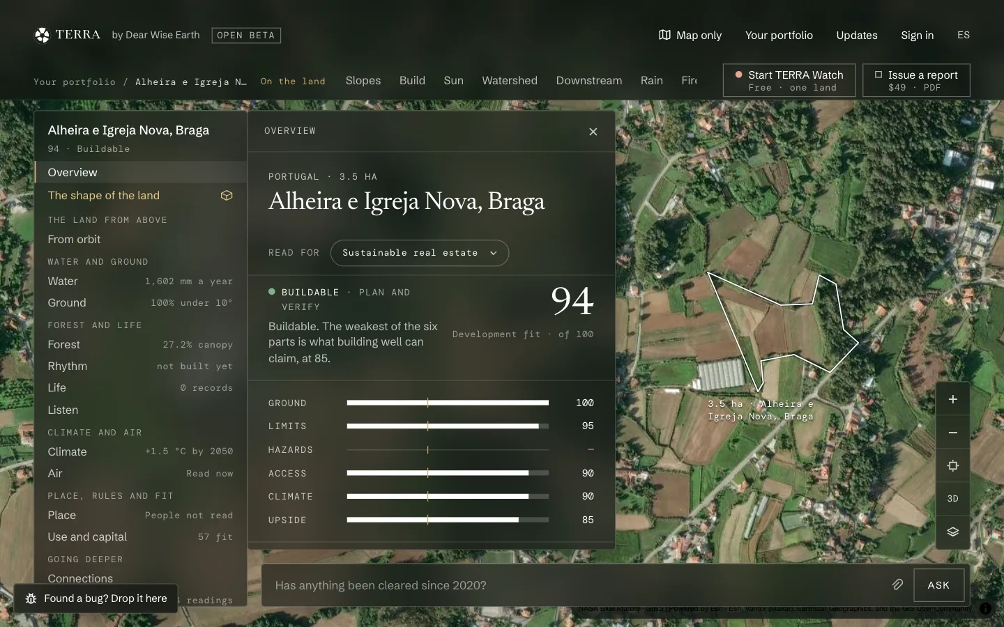 A land's page on TERRA read for Sustainable real estate: Alheira e Igreja Nova, Braga, in Portugal, a 3.5 ha lot, Buildable with a development fit of 94 of 100, the six parts as bars and the satellite photograph of the lot's boundary