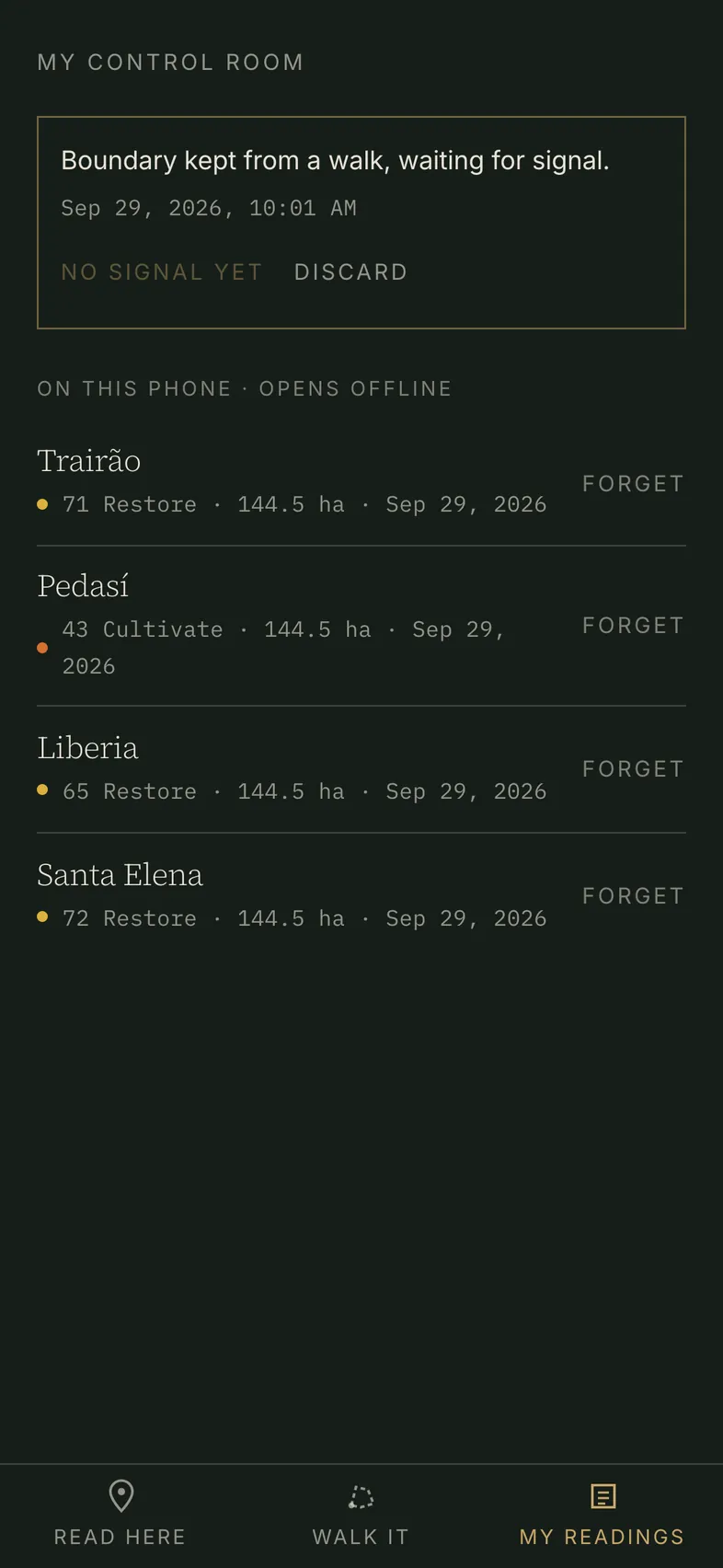 Mis lecturas sin señal: un lindero recorrido que espera señal y cuatro lecturas guardadas en el teléfono que se abren sin conexión.