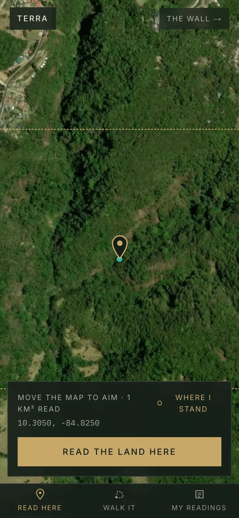 La pestaña Leer aquí: el mapa satelital cerca de Monteverde, el pin bajo la mira, el kilómetro cuadrado que va a leer y el botón Lea la tierra aquí.